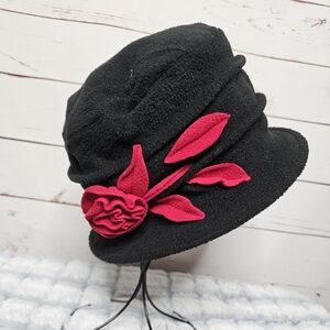Black Cloche Fleece Bucket Hat with Red Floral Accent